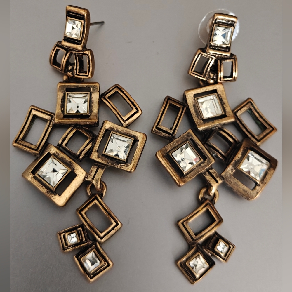 Geometric Clear Crystal Square Drop Earrings - Unsigned Oscar De La Renta?